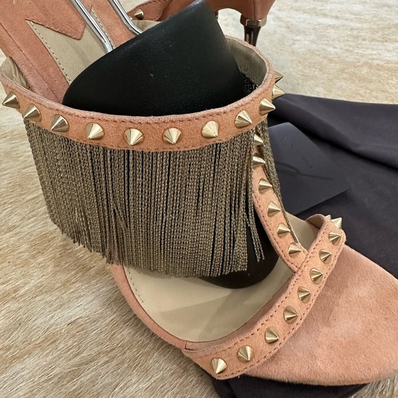 Brian Atwood Gold and Pink Stiletto Heels with Fringe - Picture 3 of 5